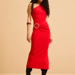 Vestido Midi Um Ombro com Drapeado e Argola - Forum