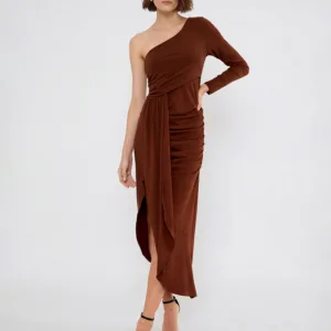 Vestido Midi Um Ombro com Drapeado Frontal - Sommer