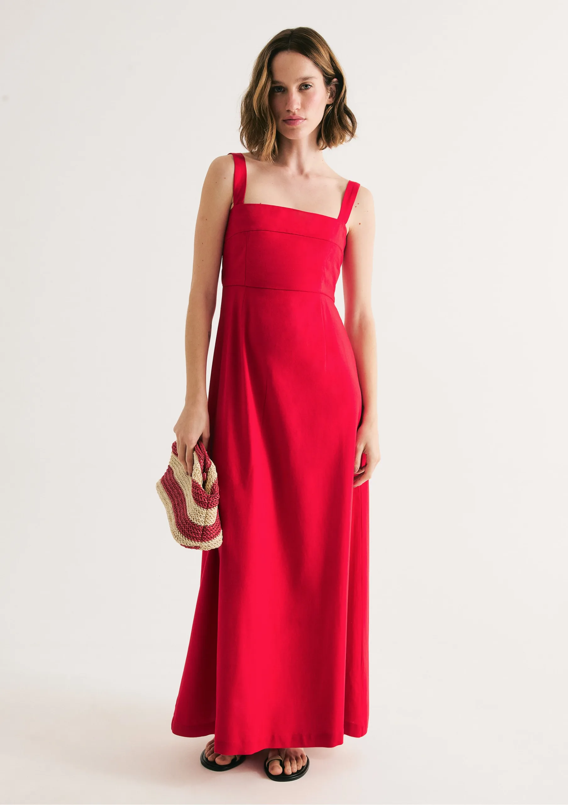 Vestido Vermelho Midi Evasê Alças Médias Rústico Com Linho - Hering